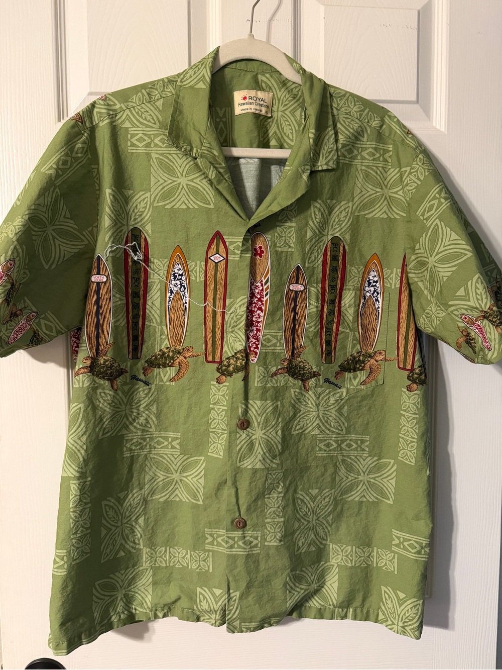 Royal Hawaiian Creations  Green Surfboard Print Camp Shirt